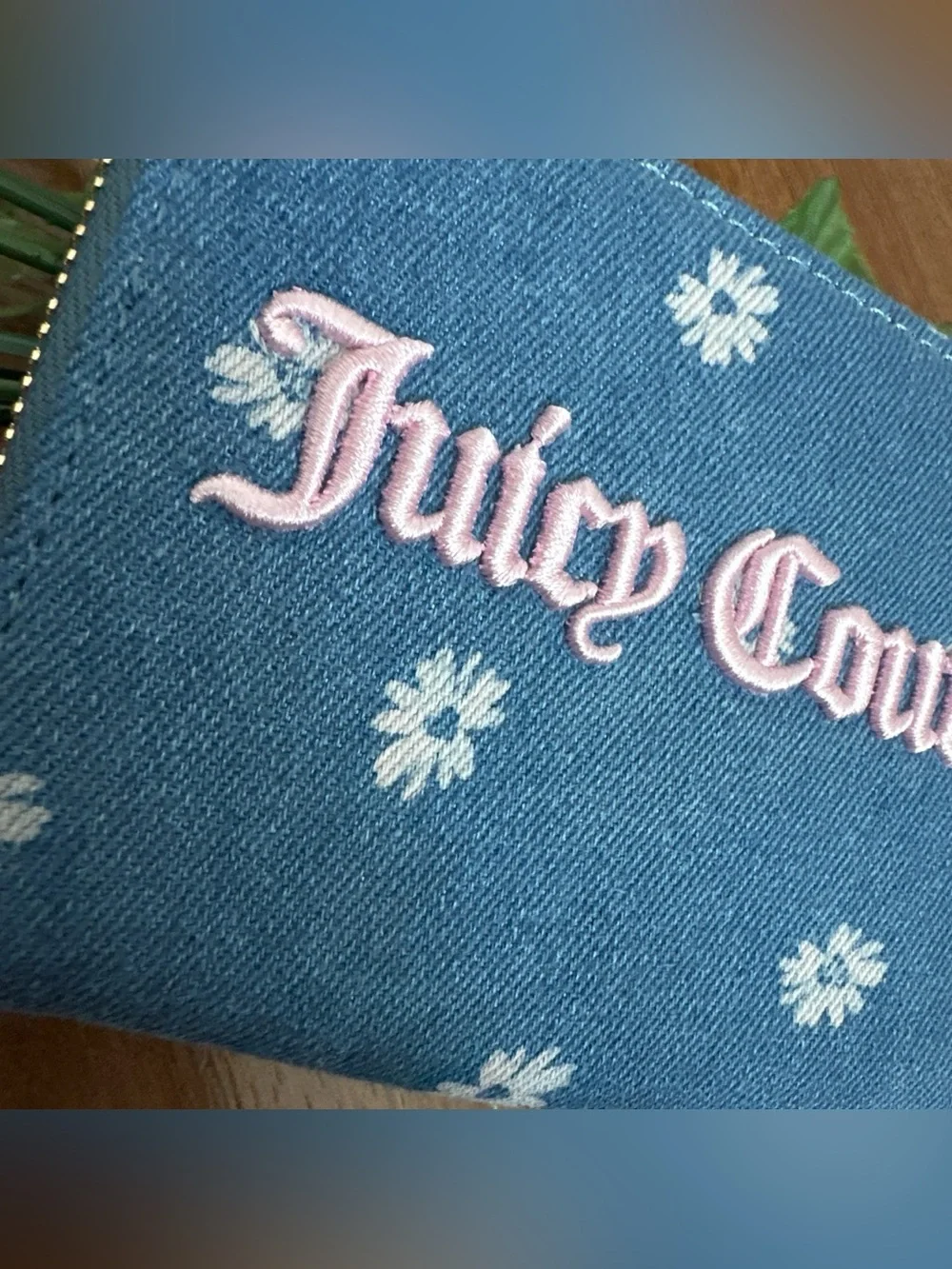 Juicy Couture Denim Blue Daisy Zip-Around Wallet with Pink Logo